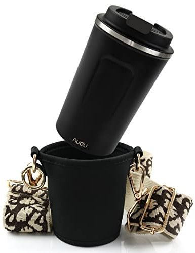 nudu - Cupholder Set - Becherhalter und Thermobecher zum Umhängen - Getränkehalter aus Neopren mit verstellbaren Schultergurt - in Beige - Braun