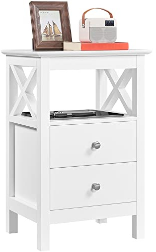 Yaheetech Table de Chevet Table de Nuit Chevet en Bois 40x30x60 cm Blanc | Table d’appoint avec 2 Tiroirs et 1 Étagère Ouverte, Table de nuit pour Chambre Salon, Meuble chambre, Table de lit