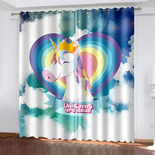 MTBDyyds Regenbogen Einhorn Himmel 150X166Cm Verdunkelungsvorhänge 3D Drucken Verdunklungsvorhänge Kinderzimmer 2 Stück Vorhang Blickdicht Ösenschal Kindergardinen Junge Verdunklungsgardine