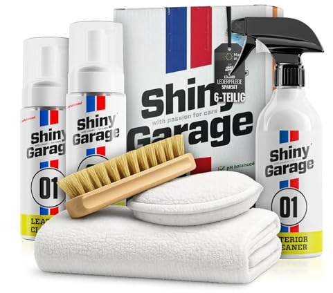 Shiny Garage Lederpflege-Set Soft: Leather Kit - Leder Reinigung & Pflege inkl. Lederbürste - Premium Auto Lederreiniger, Lederpflege Conditioner, Cleaner - Ideal für Autositze o. Sofas | 6-tlg.