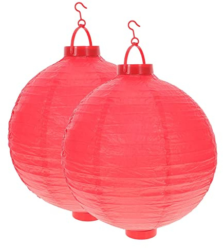 Farolillos de Papel 2 faroles de Papel Chinos con luz LED de 20 cm, farolillos Rojos Redondos Decorativos, lámparas de Papel Colgantes asiáticas japonesas, Adorno de Festival Boda