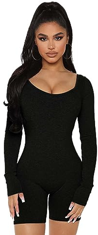 MeeQee Mono de Yoga para Mujer Larga Manga Corto Jumpsuit Con Cuello U Sexy Backless Una Pieza Bodycon Ropa Deportivo Ajustado Elástico Acanalados Romper de Fitness Yoga Gym