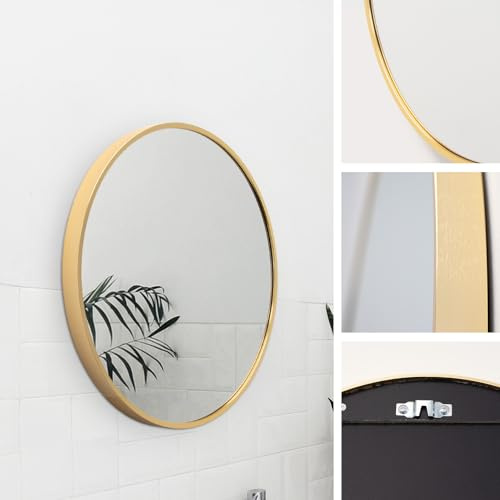 M MERCEO Spiegel rund 50cm, eingefasst im edlen goldenem Aluminium Rahmen - aufhängefertiger Wandspiegel mit kristallklarer Spiegelung mit High-Definition-Glas - für Bad, Flur, Wohnzimmer