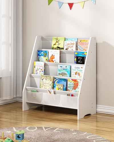 SEIRIONE Sturdy Kids Bookshelf, 4-Tier Book Shelf for Kids Room with Oxford Fabric-Nursery Room Playroom Classroom, Deep Slings to Keep Books Upright, Ideal Height for Toddler Age 3+, Matte White