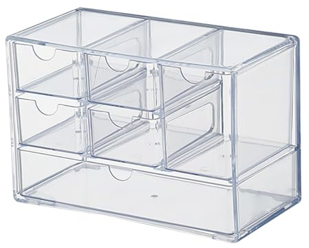 Jumuao Aufbewahrungsbox Kunststoff, Mini Schubladenbox, Kleinteilemagazin mit 6 Schubladen, Desktop Aufbewahrung Organizer für Kosmetik Schmuck Schreibwaren (Transparent-B)