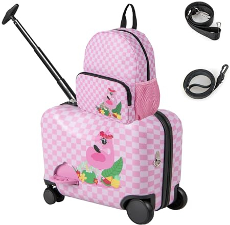 SOARS Kinderkoffer & Rucksack 18”+12”, Reisekoffer mit Rollen & Teleskopgriff, Trolley Kinder, Kindergepäck, Hartschalenkoffer, Kindertrolley für Jungen und Mädchen (Flamingo)