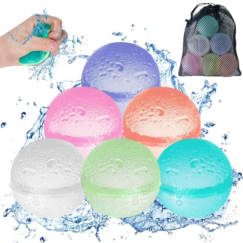 JOKILY 6 stycken återanvändbara vattenballonger, vattenbollar, vattenbomber, vattenbollar, vattenbollsset, snabb påfyllningsbar silikonsprutbollar för vattenpark, sommar, familjespel, fest,