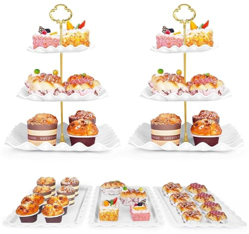 5 Pcs Dessert Table Display Set - 2 Pcs 3-Tier Dessert Display Stands & 3 Pcs Serving Tray - Dessert Trays Dessert Stands Treat Table Displays Set for Tea Parties,Birthdays & Baby Showers