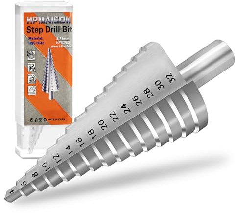 HPMAISON HSS 6542 Stufenbohrer, 10mm 3-Flach-Schaft Hochgeschwindigkeitsstahl Stufenbohrer (4-32mm, 15 Stufen) für Metall, Edelstahl, Kunststoff & Holz, Profi HSS Konusbohrer Blechbohrer Schrittbohrer