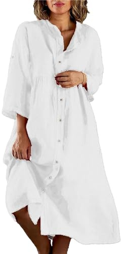 DGCUPODE Festes Hemdkleid mit Knöpfen für Damen 3/4 Ärmel Baumwolle Leinen Maxikleider Lässiges, langes Strandkleid (Weiß,L)