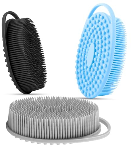 Paquete de 3 exfoliantes corporales de silicona, esponja vegetal de silicona suave, exfoliante corporal, limpiador de baño y ducha para cuerpo, cepillo de baño y champú 2 en 1 para exfoliación de la