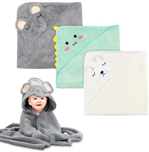 Forhandy Kapuzenhandtuch Baby 3 Stück, Baby Handtuch Kapuze 80x80cm, Babyhandtuch mit Kapuze Korallenvlies Weich & Super Saugfähig, Baby Badetuch für Babys und Kleinkinder