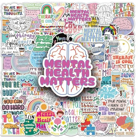 100 Pcs Mental Health Vinyl Stickers,Mental Health Graffiti Stickers,Vinyl Waterproof Sticker for Kids Teens Girls,for Phone Laptop Bottles Skateboard Computer Phone Luggage Guitar Gifts Sticker