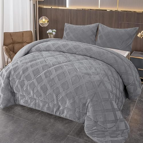 BESCH Edredón Invierno Nórdico de Franela con Forro Polar de Sherpa 180x240 cm + 1 Funda de Almohada | Edredones Borreguillo Extra Suave para Cama, Cálido y Gruesa (Cuadro Gris)