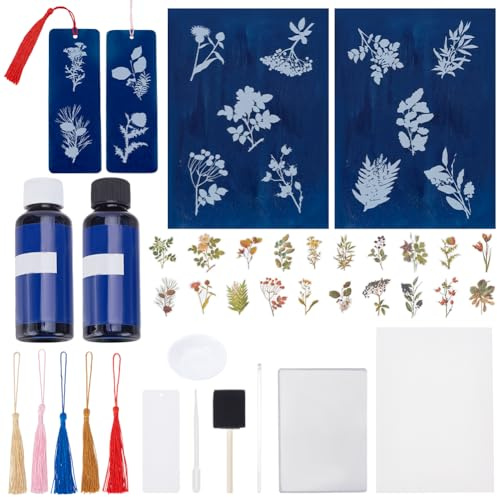 WEBEEDY Cyanotypie-Set Blumen Blätter Cyanotypie-Papier Set Enthält 30 Blätter A5, 2 Komponenten Sensibilisator, Werkzeuge Und Anleitung Für Hochsensible Zyanotypie Papiere Für Erwachsene