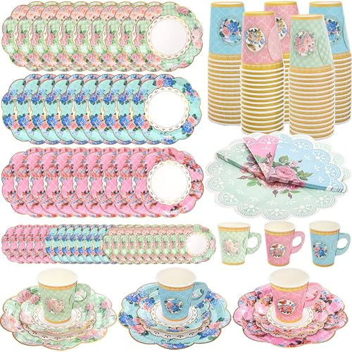Tebery 204 Pcs Floral Tea Cups and Saucers Set, Disposable Paper Tea Cup with Handle Saucer Plate Napkin, Tea Party Supplies Set for Tea Party Decorations Birthday Wedding Bridal Shower