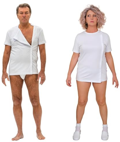 FERRUCCI COMFORT Vändbar främre rivbar post-operativ sjukvård T-shirt, för snabba förband, för sängliggande föremål, andningsbar hypoallergen bomull, unisex, Vit, XL
