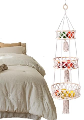 Soporte de canasta de frutas, canasta de frutas macrame, Solicador decorativo de 3 niveles Boho, Organizador tejido de algodón bohemio que ahorra espacio, decoración de perchas de plantas para dormito