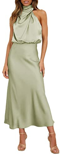 Damen Elegant Ärmellos Neckholder Satin Sommer Hochzeit Lang Abendkleider