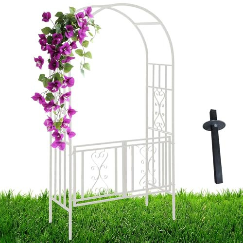 Generisch Gartenbogen mit Tor Rosenbogen Metall Rankhilfe Kletterhilfe Spalier,Rosentor Rankbogen für Kletterpflanzen,Weiß schwarz Rankbogen 210 cm hoch Torbogen pergola mit tür(Weiß)