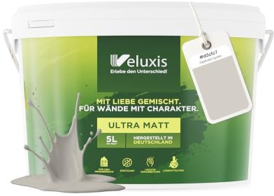 Veluxis Wandfarbe Hellgrau Grau Beige matt 5 L – Opened Oyster | Innenfarbe mit Deckkraft Klasse 1, VOC-frei, ohne Grundierung, tropfarm, für Wohnzimmer und Schlafzimmer