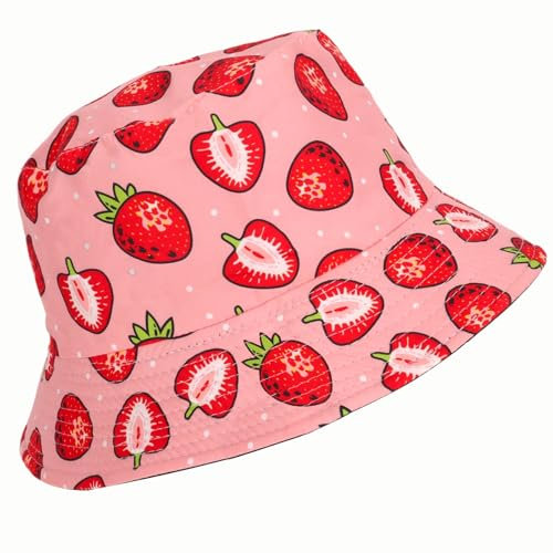 Kaempe Erdbeeren Hut Fischerhut Herren und Damen, Anglerhut Lustig, Fischerhut Lustig, Bucket Hat, Sonnenhut 2 in 1 Wendbares Sommerhut Hut for Damen Herren