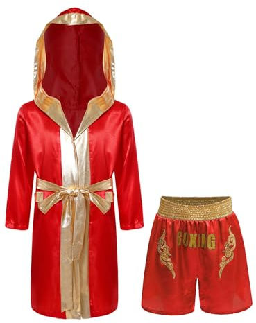 YOOJIA Traje De Boxeo Para Niños Y Niñas Pantalón Corto + Batas De Boxeador Con Capucha 100% Poliéster Disfraz De Cosplay borgoña 11-12 años