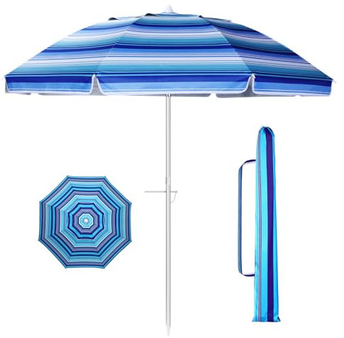OHPHCALL Ombrellone Spiaggia da 6.5ft Design Rigato Blu Reale Protezione UV 50+ Ombrellone da Spiaggia per Viaggi all Aperto Famiglie e Coppie