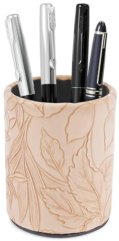 Czzmy Der runde Stifthalter aus PU-Leder eignet sich für Aufbewahrungsstifte, Make-up-Pinsel, Augenbrauenstifte und künstliche Desktop-Pflanzen(1-Schnitzt hellbraun)