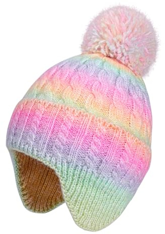 Girls Rainbow Beanie with Earflap,Kids Warm Pom Pom Twisted Knit Winter Hat Ski Skull Cap for Toddler Girls Age 3-8