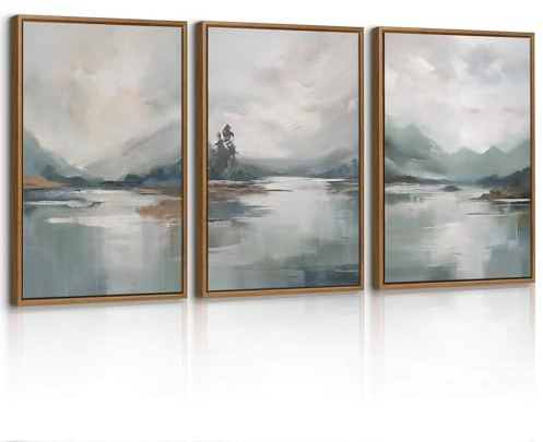 3 Pcs Abstrakt Berg Seen Leinwand Bilder mit Rahmen Set, Neutral Natur Landschaft Wandbilder Neblig Blau Grau Landschaft Bild Auf Leinwand Poster Deko für Wohnzimmer Schlafzimmer Büro 30X40cm