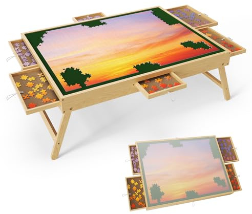 Ovshnrr Puzzle Table 1500 Pieces Wooden Puzzle Board with Legs,Jigsaw Board with 6 Drawers and Cover, Foldable Leg Jigsaw Table Natural (1500-piece)