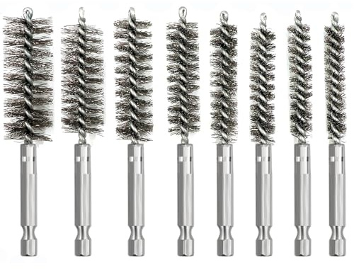 Stainless Steel Wire Bore Brushes 1/4 Inch Hex Shank Pack of 8 | Thick Flexible Tube Cleaning; For Power Drill Washing Polishing; Heavy Duty Set