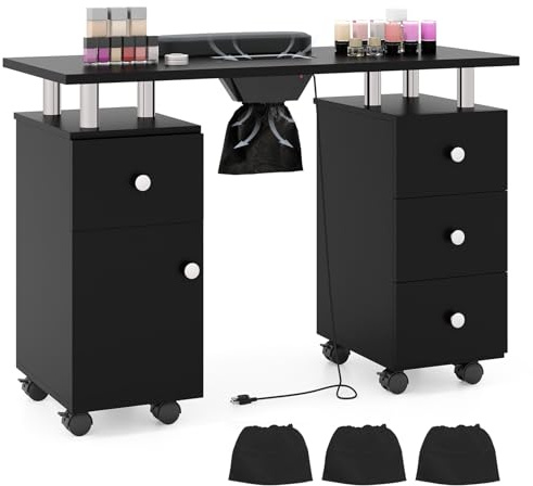 RELAX4LIFE Table de Manucure avec Aspirateur, Table Onglerie à roulettes avec 4 Tiroirs, Placard, Repose-Main, 3 Sacs à Poussière, Bureau de Manucure pour Prothésiste Ongulaire Salon de Beauté (Noir)