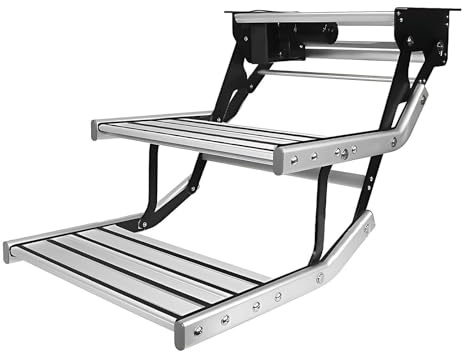 JHOMHF Marchepied Électrique for Camping-Car 484 Mm/19 Pouces – Échelle Pliante en Aluminium Simple/Double Couche avec Lumière LED, Capacité De 440 LB for Camping-Car Et Caravane(DoubleLayerElectric)