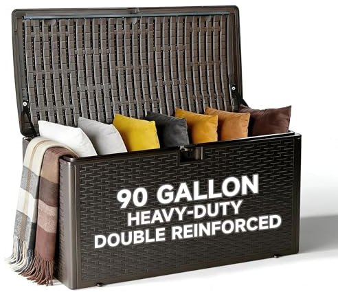 Ortus Collective 90-Gallon Double Layer Resin Deck Box – Lockable, Waterproof & UV-Resistant Storage for Patio Furniture, Garden Tools & Pool Accessories (Brown)