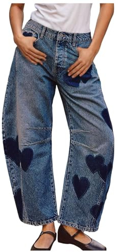 Barrel jeans damer fashionabla ankelbyxor med hjärttryck i avslappnad boyfriend stil mjuk denim 2026, blå, S