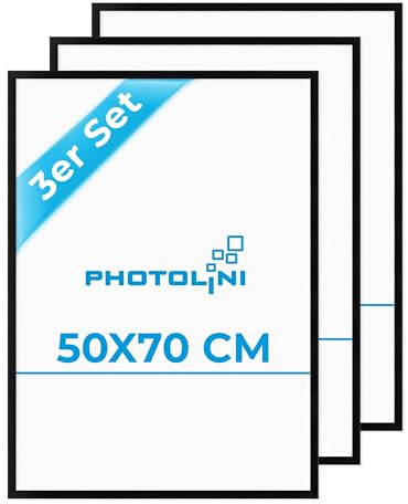 PHOTOLINI Cornici 50x70 cm nero legno MDF, set di 3 cornici per poster, plexiglass infrangibile, da parete, accessori extra inclusi - per foto, immagini e poster