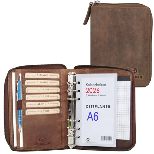 ALMADIH Leder A6 Organizer Reißverschluss Kalender 2026 Notizblock Premium Rindsleder Braun Vintage Geschenkbox Ledermappe Mappe Schreibmappe Terminplaner Terminkalender Konferenzmappe (A6-O-BV)