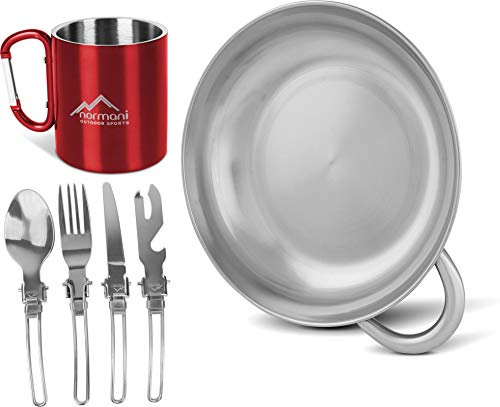 Camping Besteck Aus Edelstahl Camping Geschirr-Set Leichte Reinigung Reisebesteck Trekking Geschirrset Outdoor Rostfreies Essgeschirr + Gratis Karabinerbecher Rot OneSize