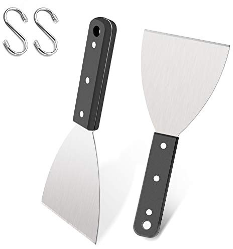 Grill Griddle Scraper Set of 2, Leonyo Stainless Steel Versatile Metal flat Top Grill Scraper for Dough Pancake Pizza Teppanyaki BBQ Home Baking Cooking, Slant Edge & Dishwasher Safe