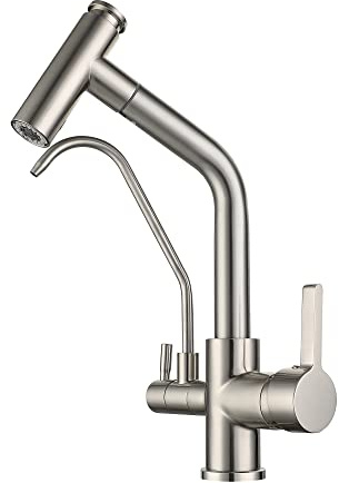 SJQKA 3 Wege Wasserhahn Küche Ausziehbar, 360° Drehba 3 In 1 Mischbatterie Wasserfilter,Spültischarmatur,Spüle Filtersystem Trinkwasserhahn,Küchearmatur Für Osmoseanlagen (Gebürstet)