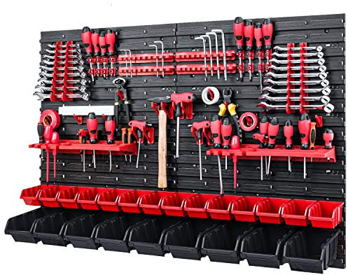 Paroi à outils, avec 23 boîtes de rangement rouges/noires, 1152 x 780 mm, système de rangement, kit de supports à outils, étagère murale, étagère d’atelier, paroi perforée, bacs à bec