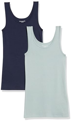 Amazon Essentials Women's Slim-Fit Ribbed Scoop Neck Tank Tops, Pack of 2, Navy/Sage Green, Medium