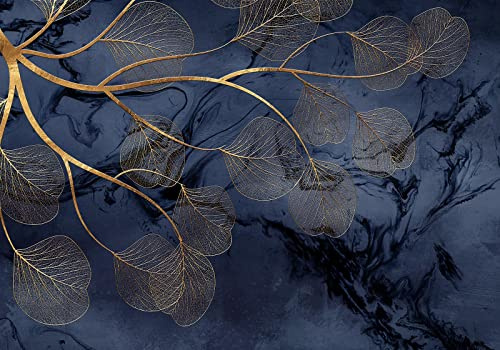 Papier Peint Panoramique 3D Or Feuilles Bleu mur d'accent 400x280cm | Botanique feuillage Zen Paysages naturels Asiatique Classique Rétro Geometrique