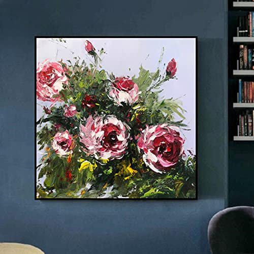 Handgemalte Acrylbilder, Rote Textur Rose Blume Grünes Blatt Pflanze Abstrakte Kunst Moderne Kunstwerke Gemälde Handgemalte Ölgemälde Auf Leinwand Wandkunst Für Wohnzimmer Schlafzimmer Büro W
