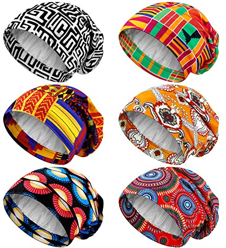 Sintege Chemo-Schlafmütze, Satin-gefüttert, dehnbar, Krebspatienten, afrikanische Seide, weiche Beanie, 6 Stück