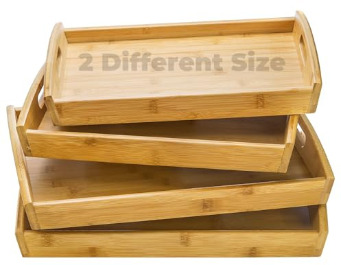Peohud 4 Pack Bamboo Serving Trays with Handles, Rectangular Kitchen Food Tray for Eating, Dinner Trays for Eating on Couch, Wood Serving Platter for Breakfast, Tea, Bar, Restaurant, Party or Bed