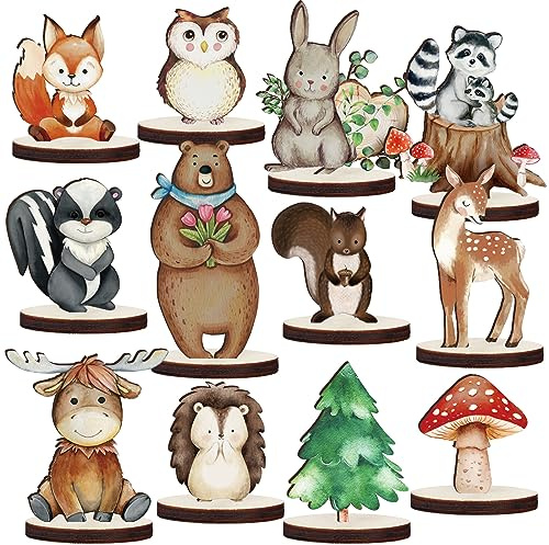 Geetery 12 Pcs Woodland Animals Wooden Animal Cutout Shapes Forest Painted Woodland Baby Shower Decorations Wild Creatures Wood Table Centerpieces for Forest Camp Party Supplies (Cute)