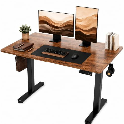 Claiks Schreibtisch Höhenverstellbar Elektrisch, Höhenverstellbarer Schreibtisch 120x60 cm, Standing Height Adjustable Desk, Schwarz Gestell/Vintage Braun Oberfläche